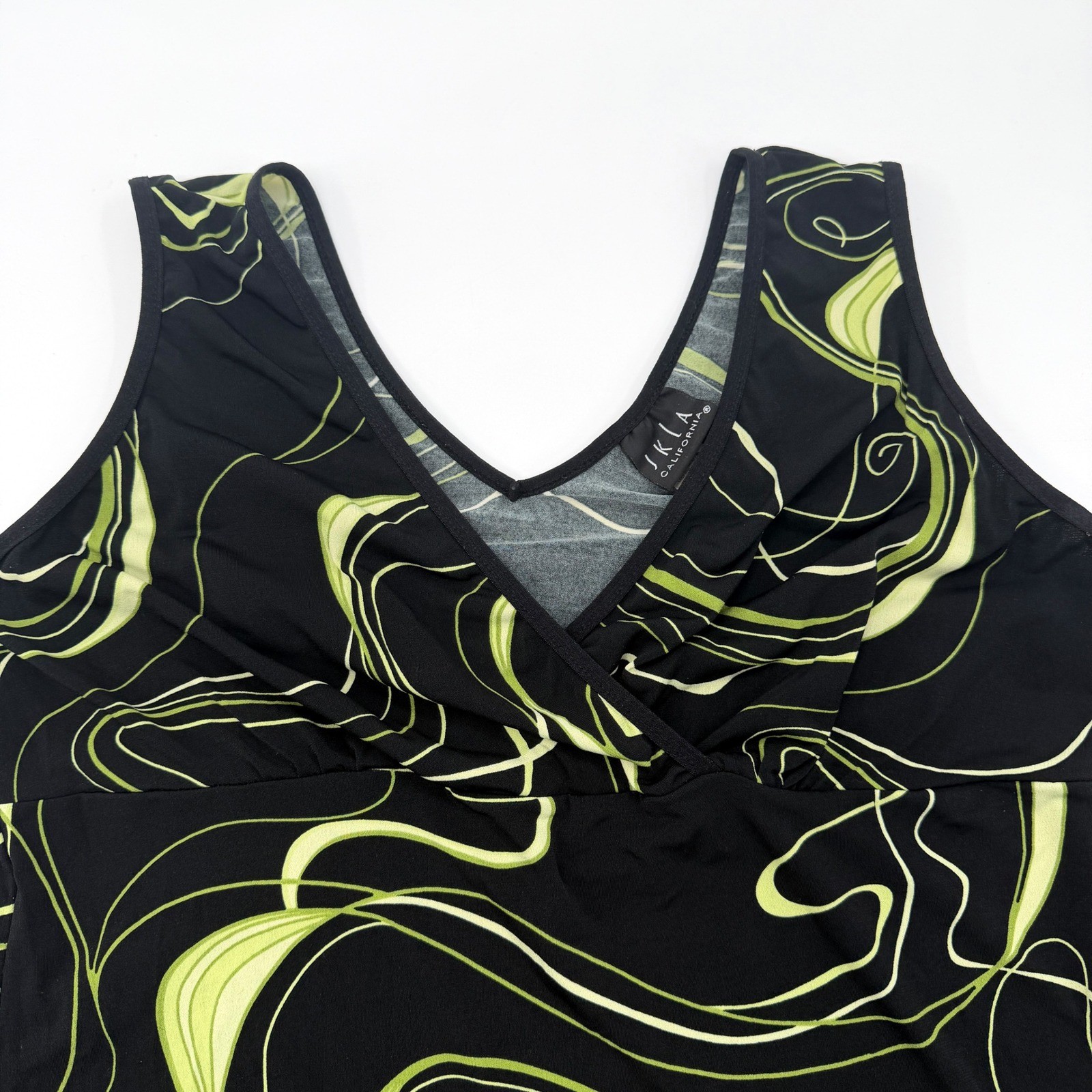 Vintage Y2K Babydoll Stretch Tank in Geometric Swirl Black Neon Green Size L