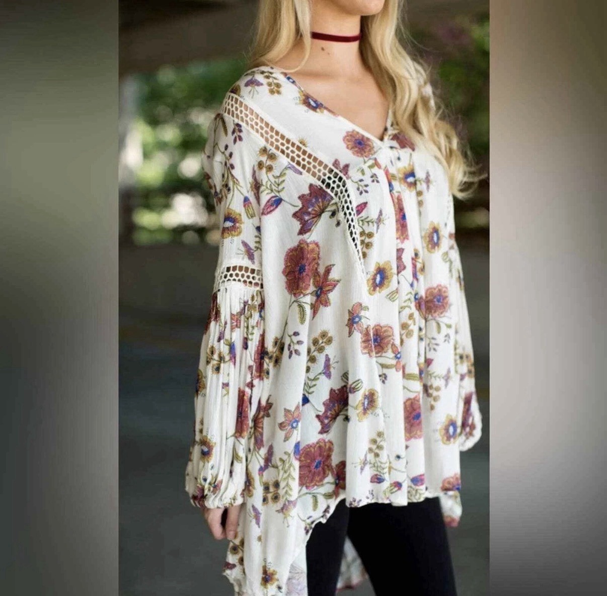 Free People Floral Boho Peasant Blouse V-Neck Balloon Long Sleeve Viscose Size S