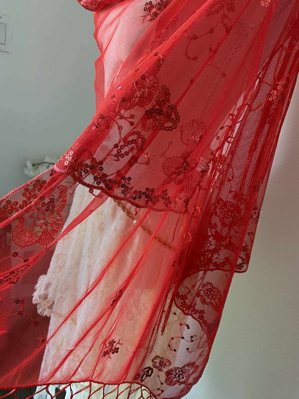 Red Mesh Sheer Shawl Floral Embroidered Sequin Fringe Women’s Scarf Whimsical