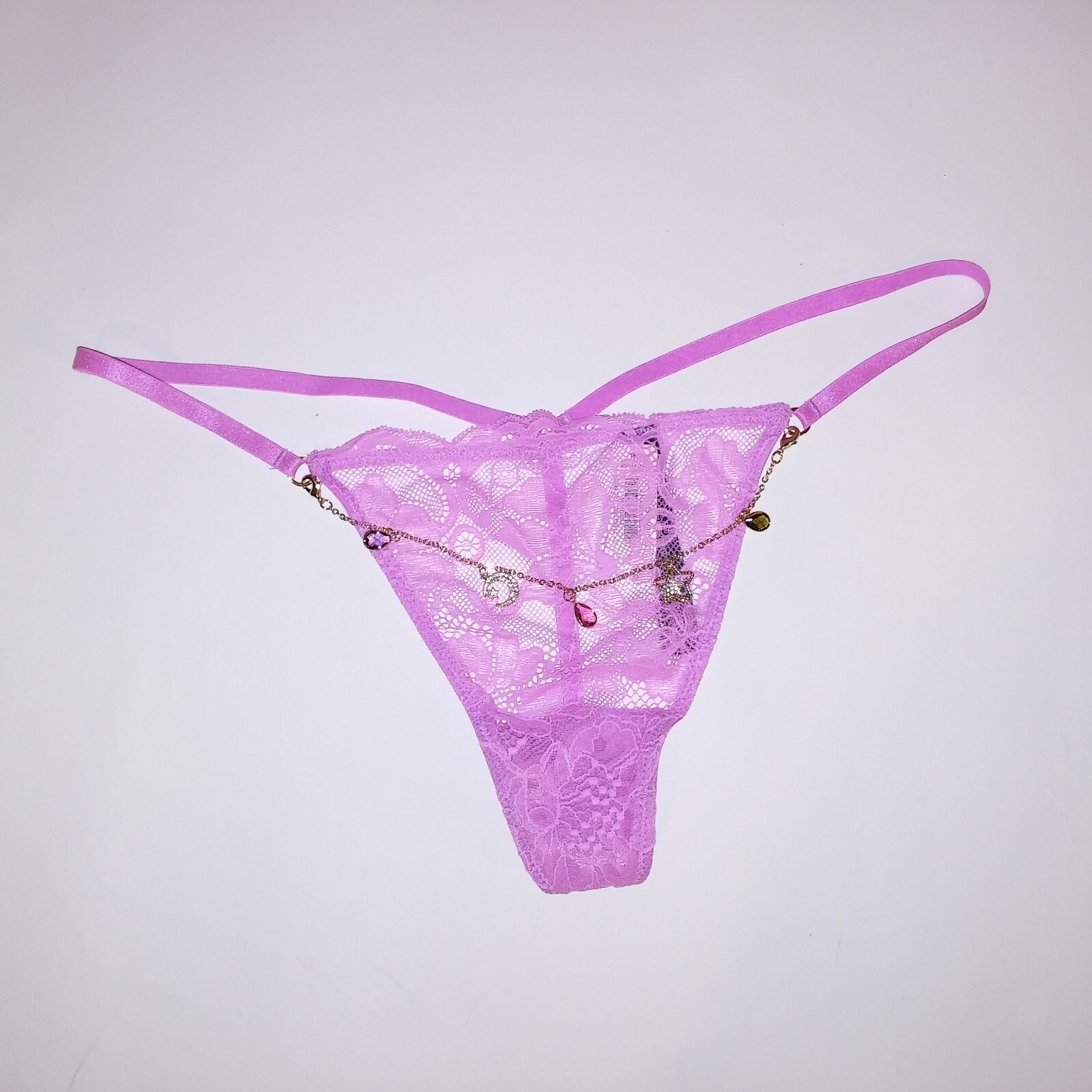 Victoria Secret Panty Thong V String Pinkish Purple Charm Chain Link Lace New