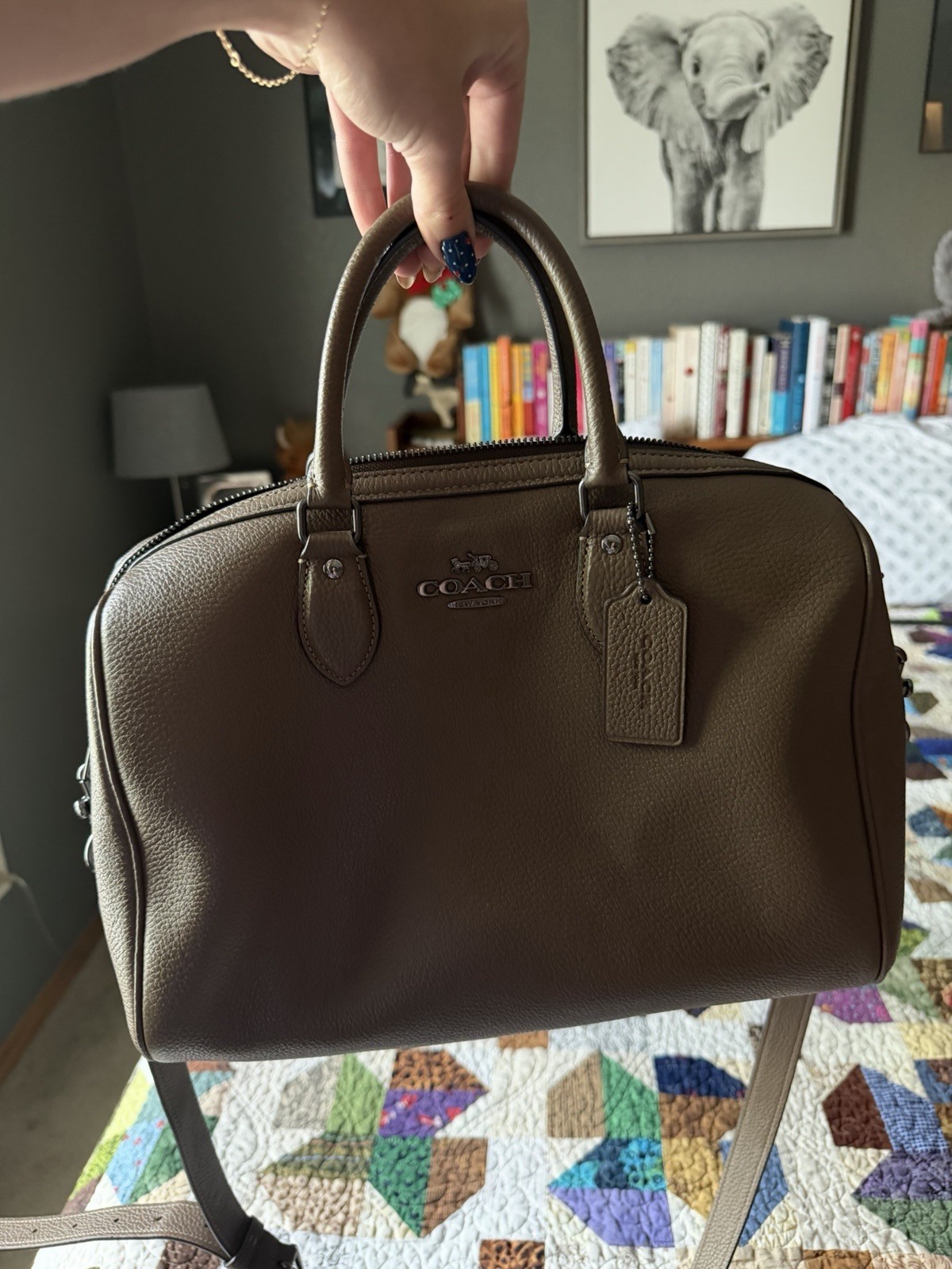 Coach Rowan Large Satchel Bag Crossbody In Leather/QB/Dark Stone CV960 NWT