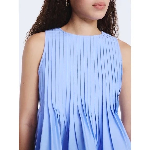 Free Assembly Small Blue Sleeveless Pintuck Pleated Blouse Classic Silhouette