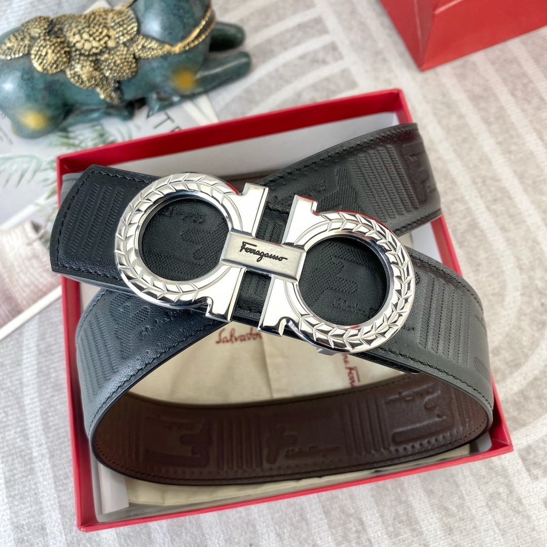 Ferragamo Handcrafted Leather Belt Reversible width 3.8cm/1.5inch Silver Buckle