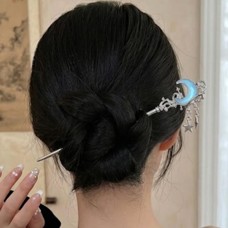 Elegant Silvery & Blue Branching Crescent Moon Chinese Hairpin