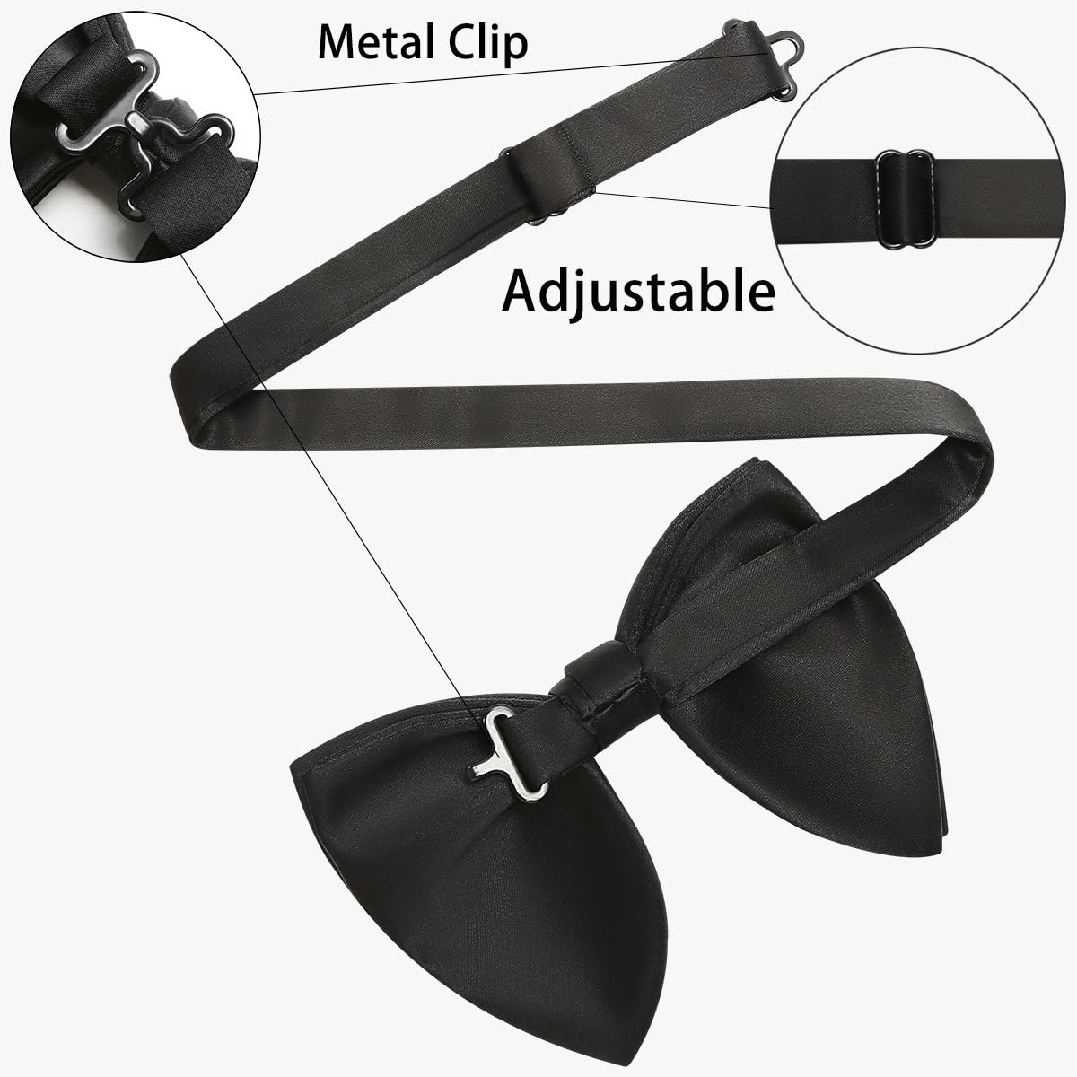 Oversized Pretied Black Bow ties, Adjustable Clipon Formal Big Satin Bowtie f…