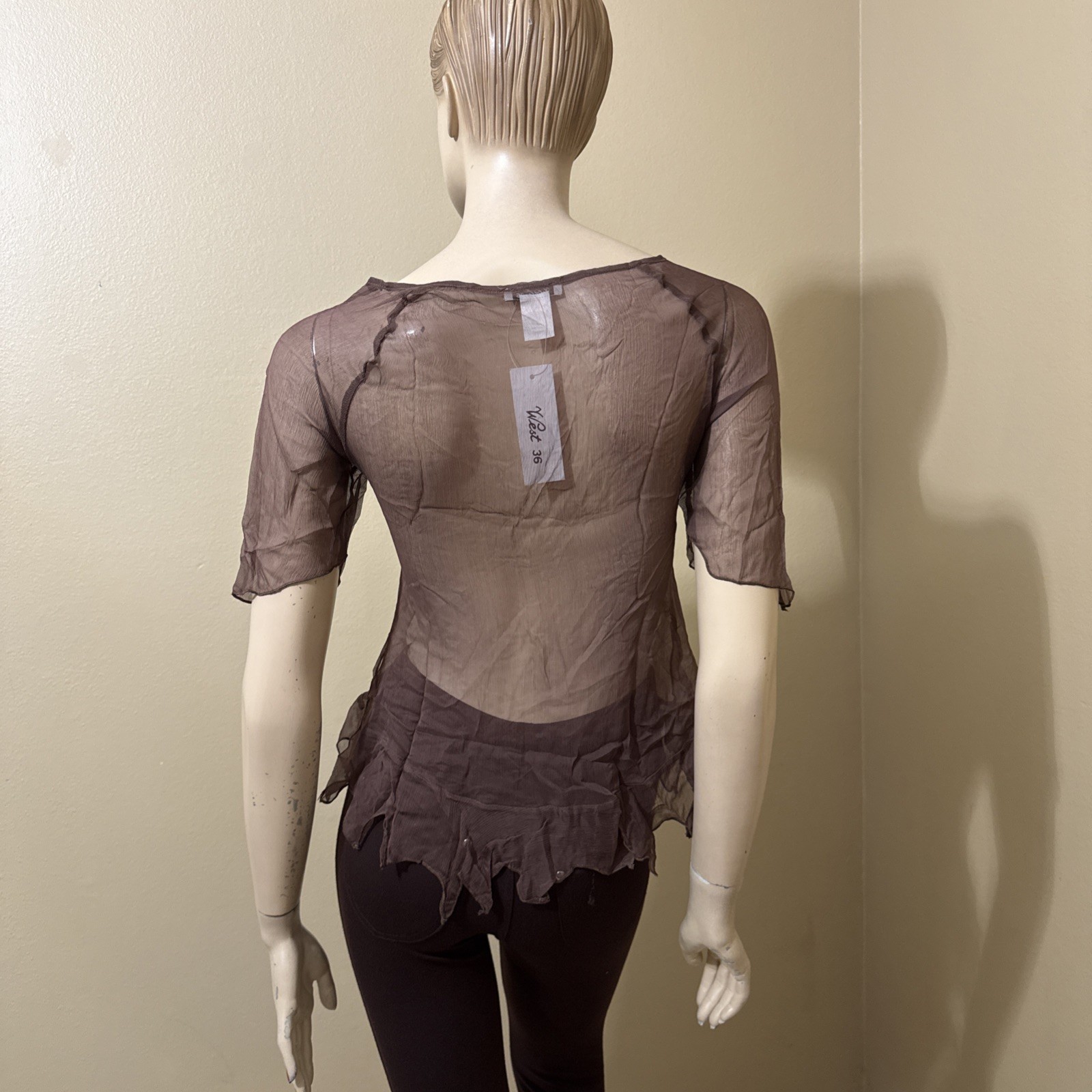 Women’s Brown Silk Casual Summer Sheer Beaded Embroidered Lace Size S Blouse Top