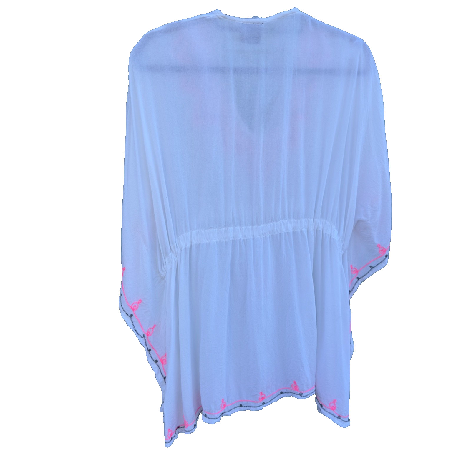 Omja World White Kaftan Top – Neon Pink Treble Clef & Black Swirl Embroidery OS