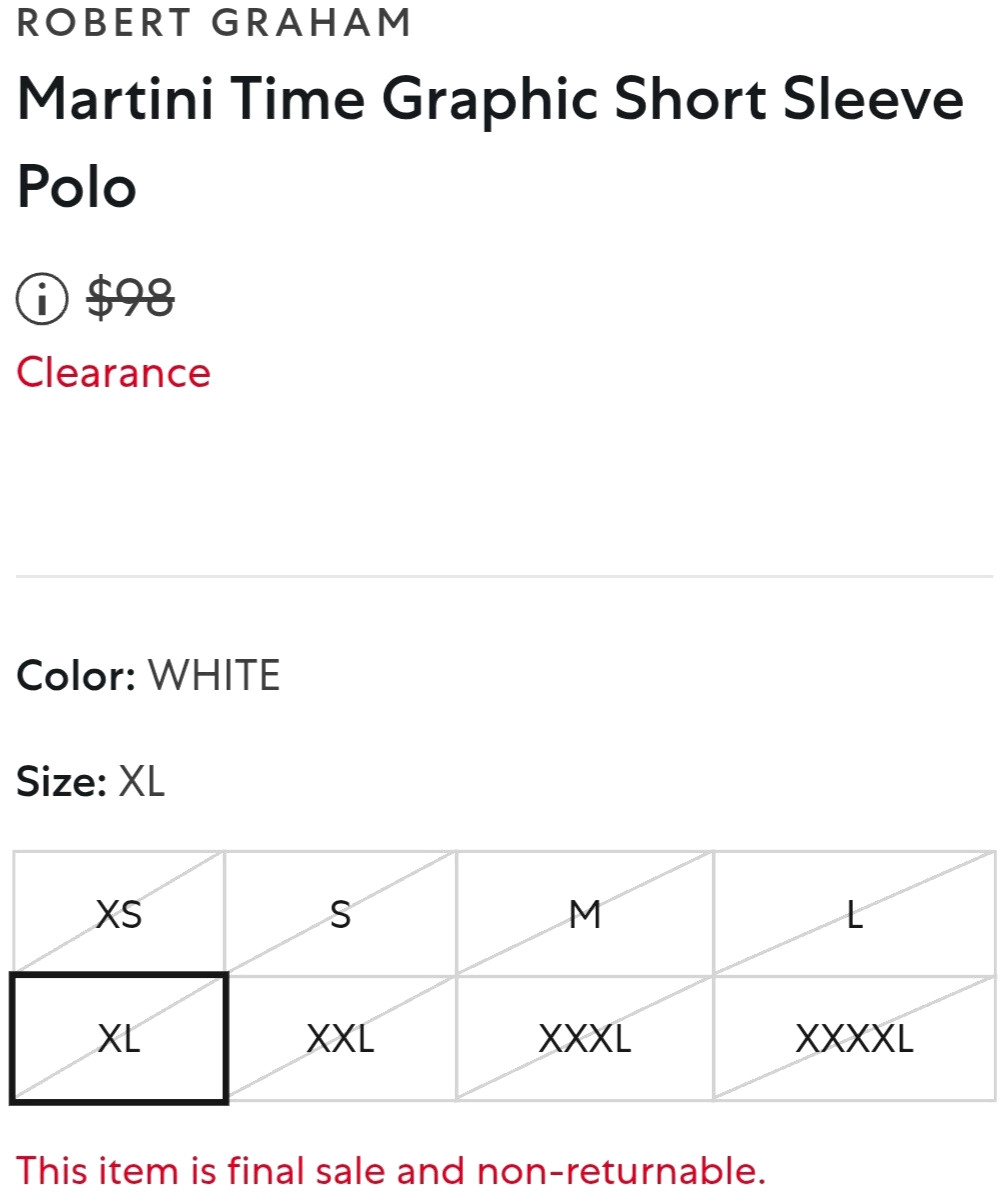 NEW ROBERT⛳️GRAHAM, MENS SIZE XL, MARTINI🍸TIME PERFORMANCE🌞UV⚪️POLO-MSRP$98.00
