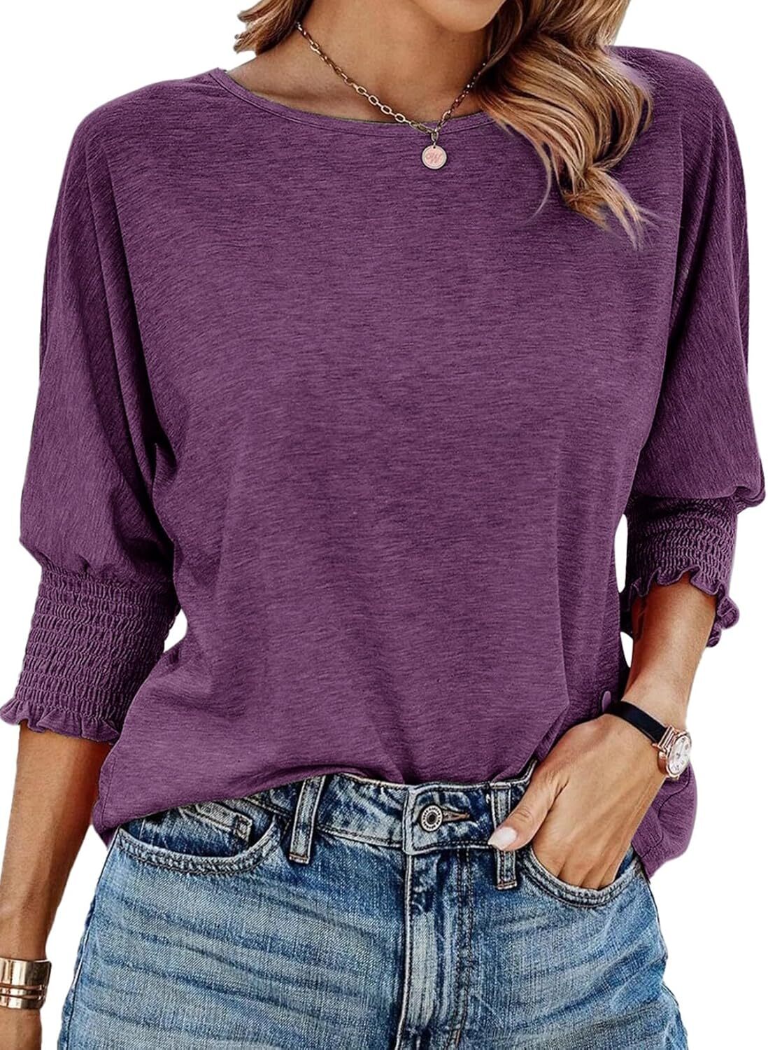Women’s 3/4 Sleeve Crewneck T-Shirt Casual Loose Fit Soft Basic Blouse Top