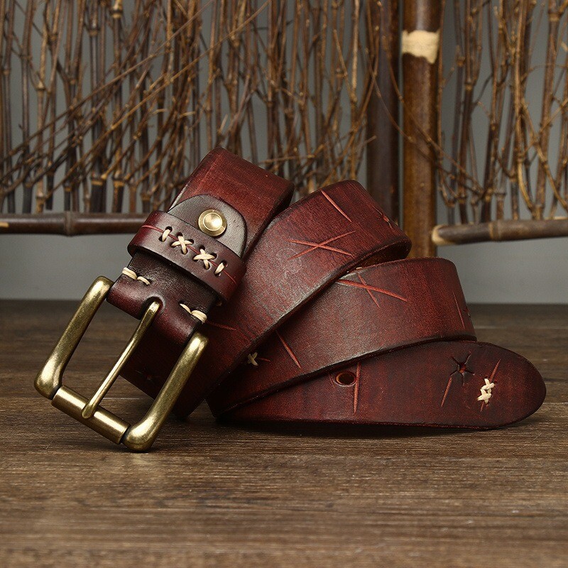 3.8CM Men High Quality Genuine Leather Belt Pin Buckle Cowskin Vintage Strap