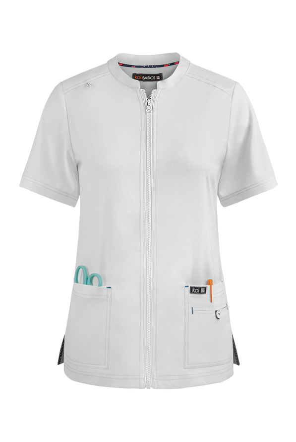 KOI BASIC WOMEN STRETCH SCRUB ZIP FRONT TOP WHITE MADISON IN ALL SIZE #1023 NWT