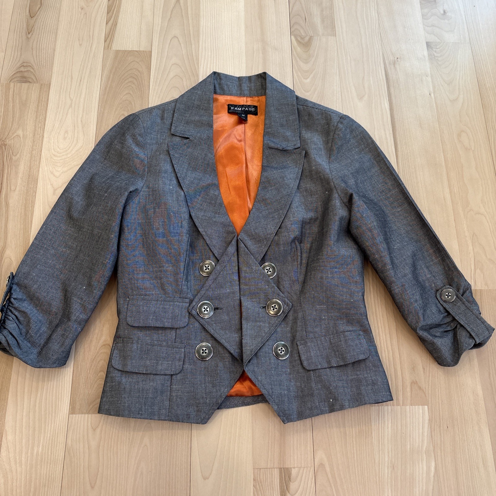 VTG Y2K Rampage Blazer M Linen Blend Charcoal Grey Orange Interior