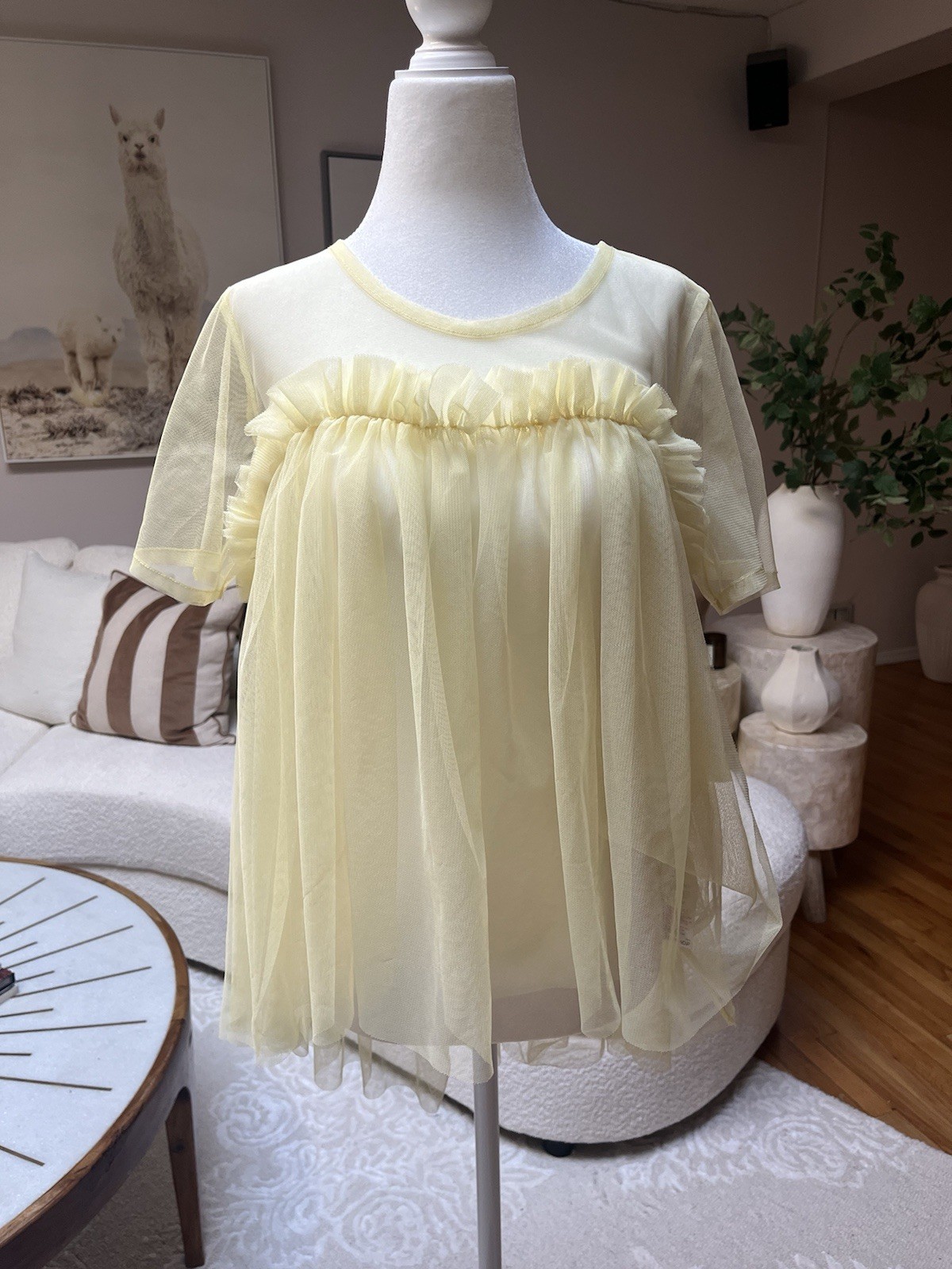 TOPSHOP Yellow Sheer Mesh Tulle Ruffle Babydoll Crew Neck Blouse US 6