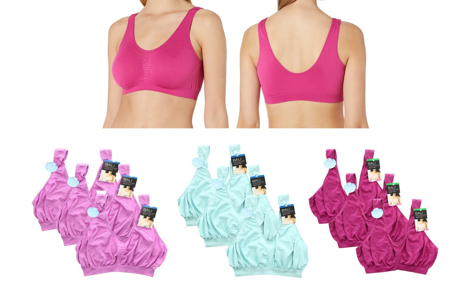 3 Pack Bali Crop Top Bra Comfort Revolution Womens Seamless Bralette, 103J