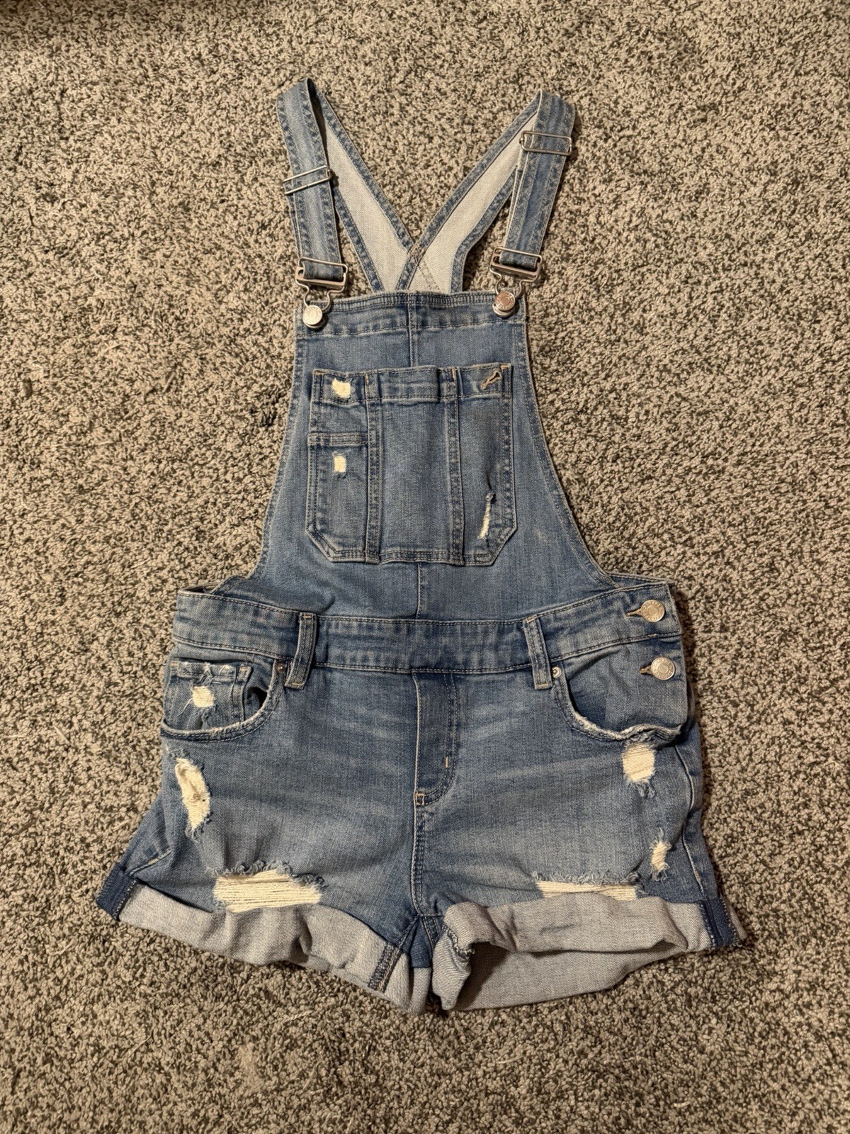 Garage Blue Denim Overall Shortalls Romper Sleeveless Pockets Button S/P