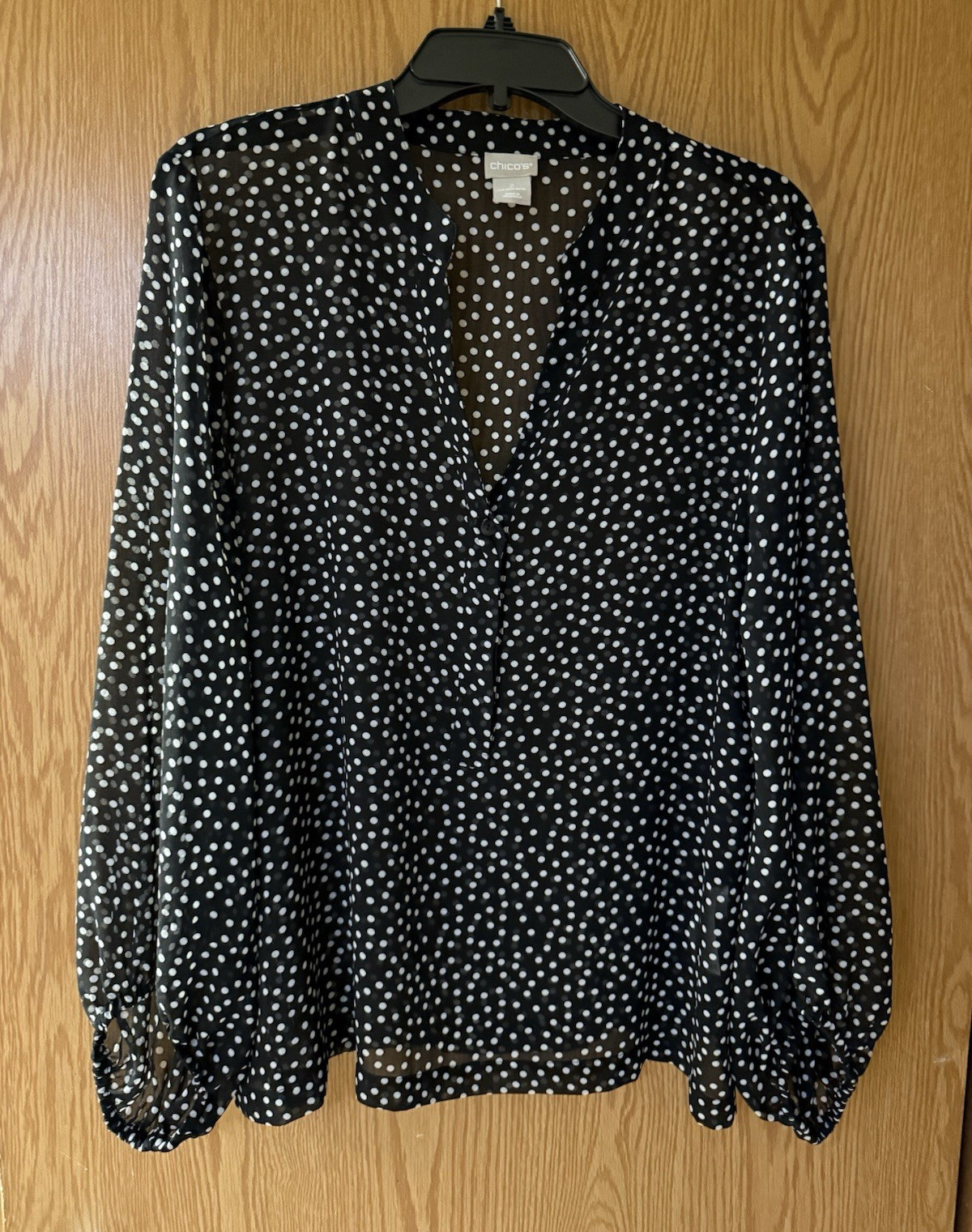 Chico’s Women’s Black White Polka Dot Sheer Chiffon V-Neck Blouse 2