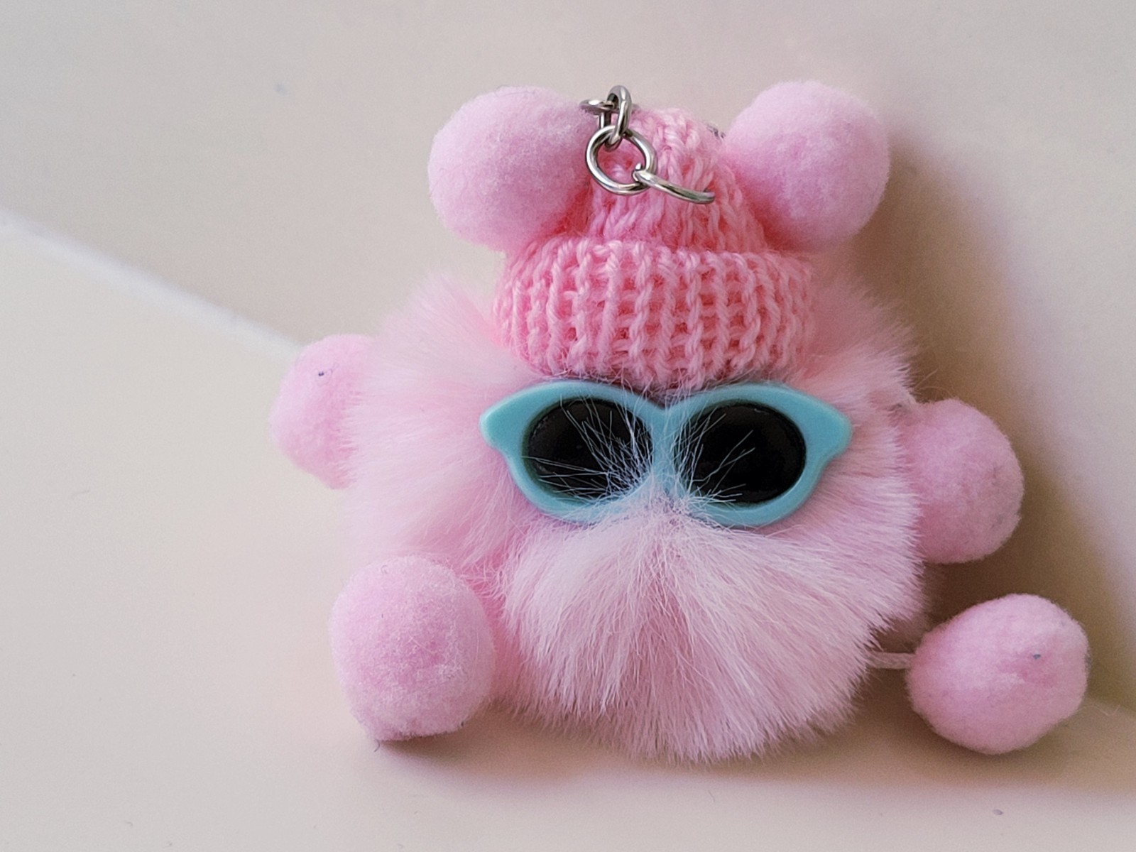 Cute Fluffy Pink Pom Pom Keychain, Sunnies & Knit Hat Accessories