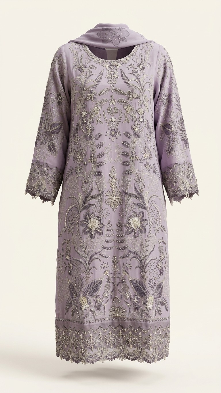 Women Lavender Embroidered Silk 3 Piece Suit-Chiffon Dupatta-Pakistani Ethnic