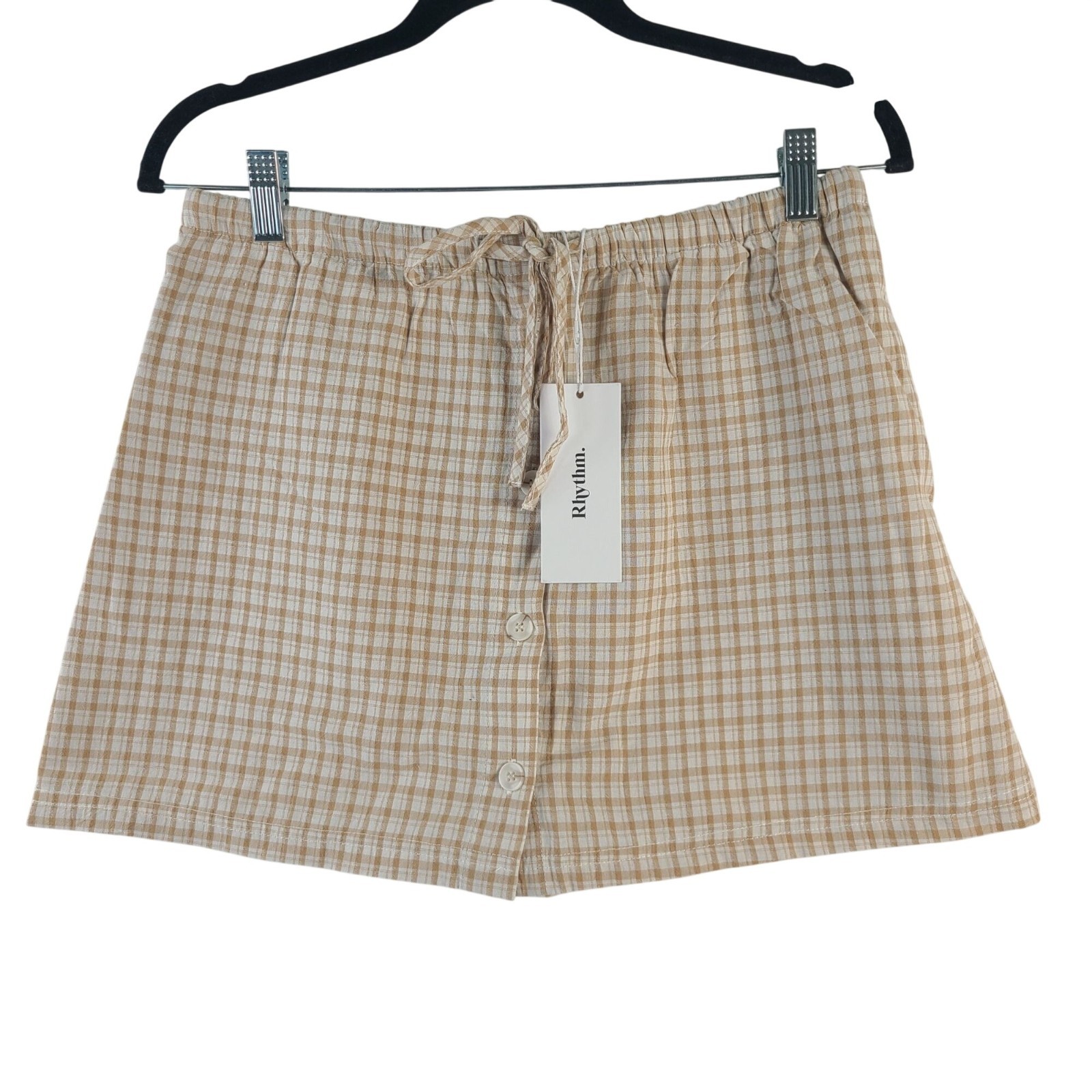 NEW Rhythm London Check Skort Beige & White Plaid Cotton Blend Women’s Size 8