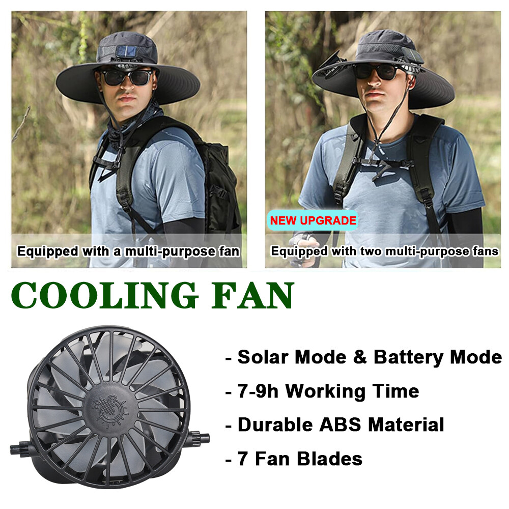 Wide Brim Sun Hat with Fan Solar & USB Powered UV Protection for Camping Fishing