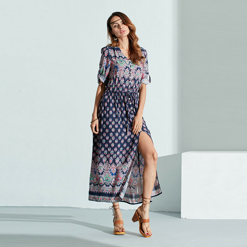 Women’s Casual Sundress Boho Beach Slit Long Maxi Floral Summer Beach Dress