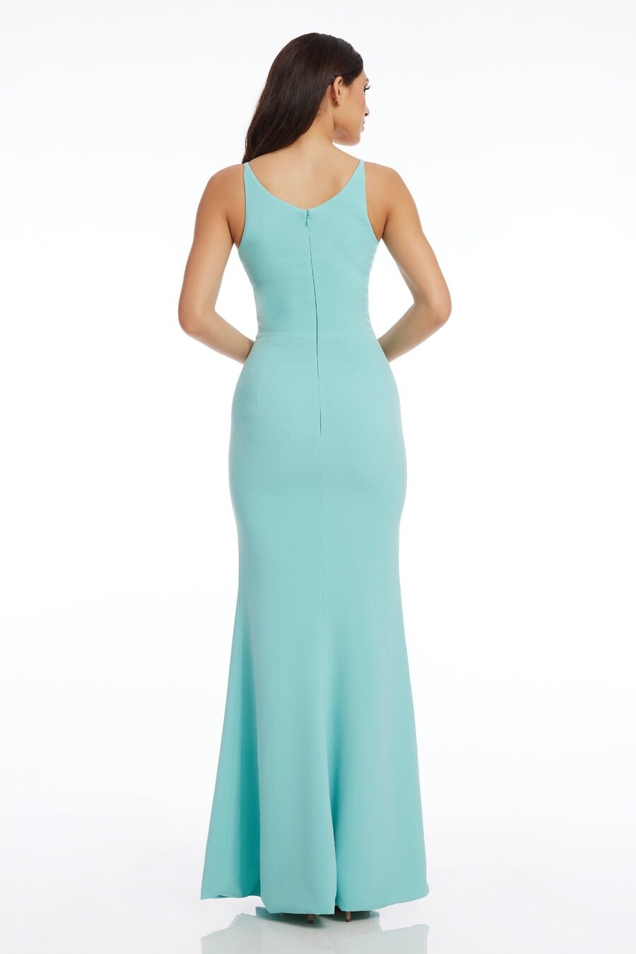 NEW DRESS THE POPULATION Tranquil Blue PLUNGE NECK Iris SLIT Crepe GOWN S