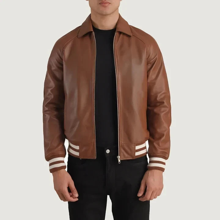 Men’s Brown Bomber RAF Jacket Real SheepSkin Leather Jacket Classic Varsity Coat