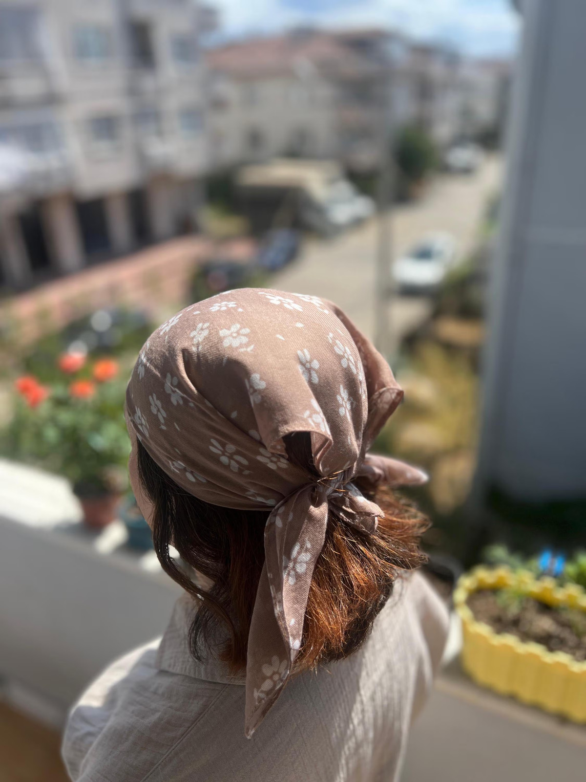 Taupe Floral Bandana Cream Flower Cotton Head Scarf Handmade Unique Boho