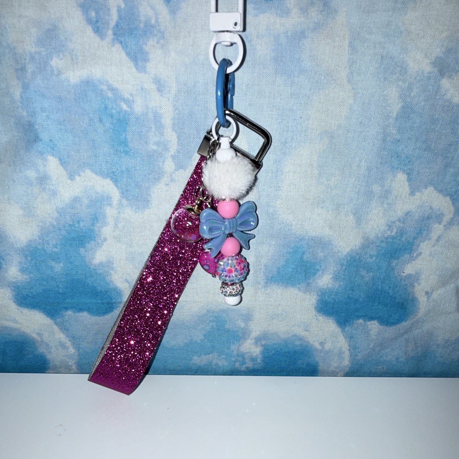 Pink Glitter Wristlet Strap Key Chain/Bag Charm w/Blue Bow Heart Beads Pom Pom