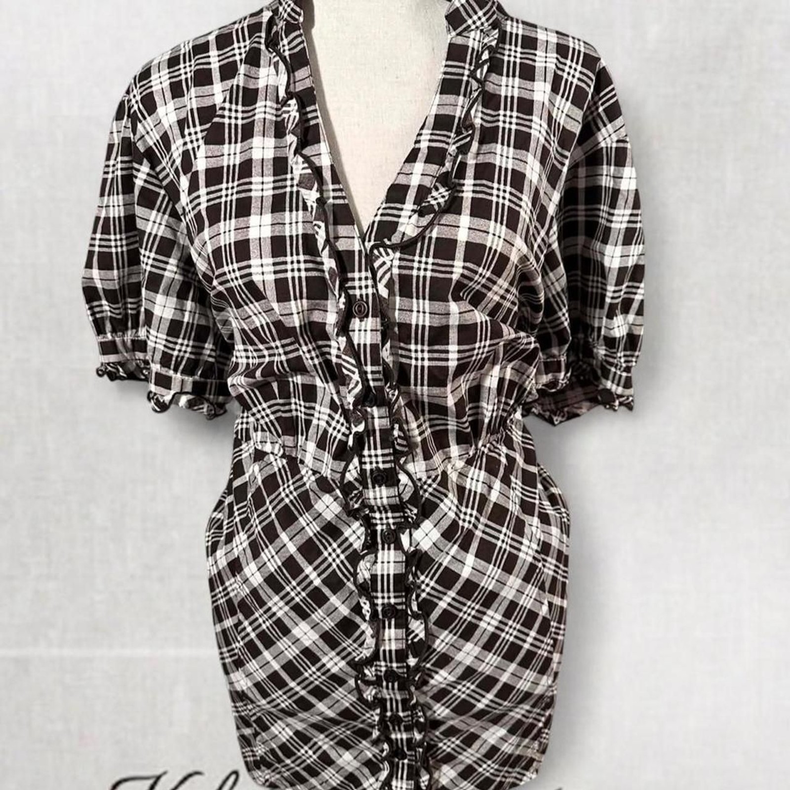 Black and White Plaid Button Up Blouse with Ruffle Details