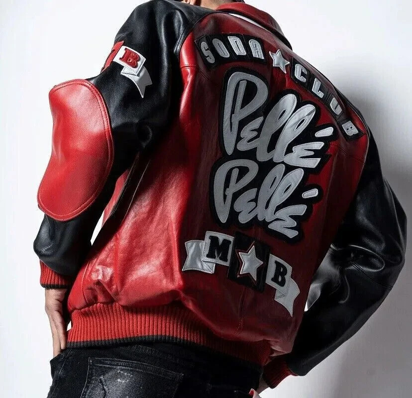 Soda Club Premium Quality Genuine Red & Black Leather Men’s Biker Bomber Jacket