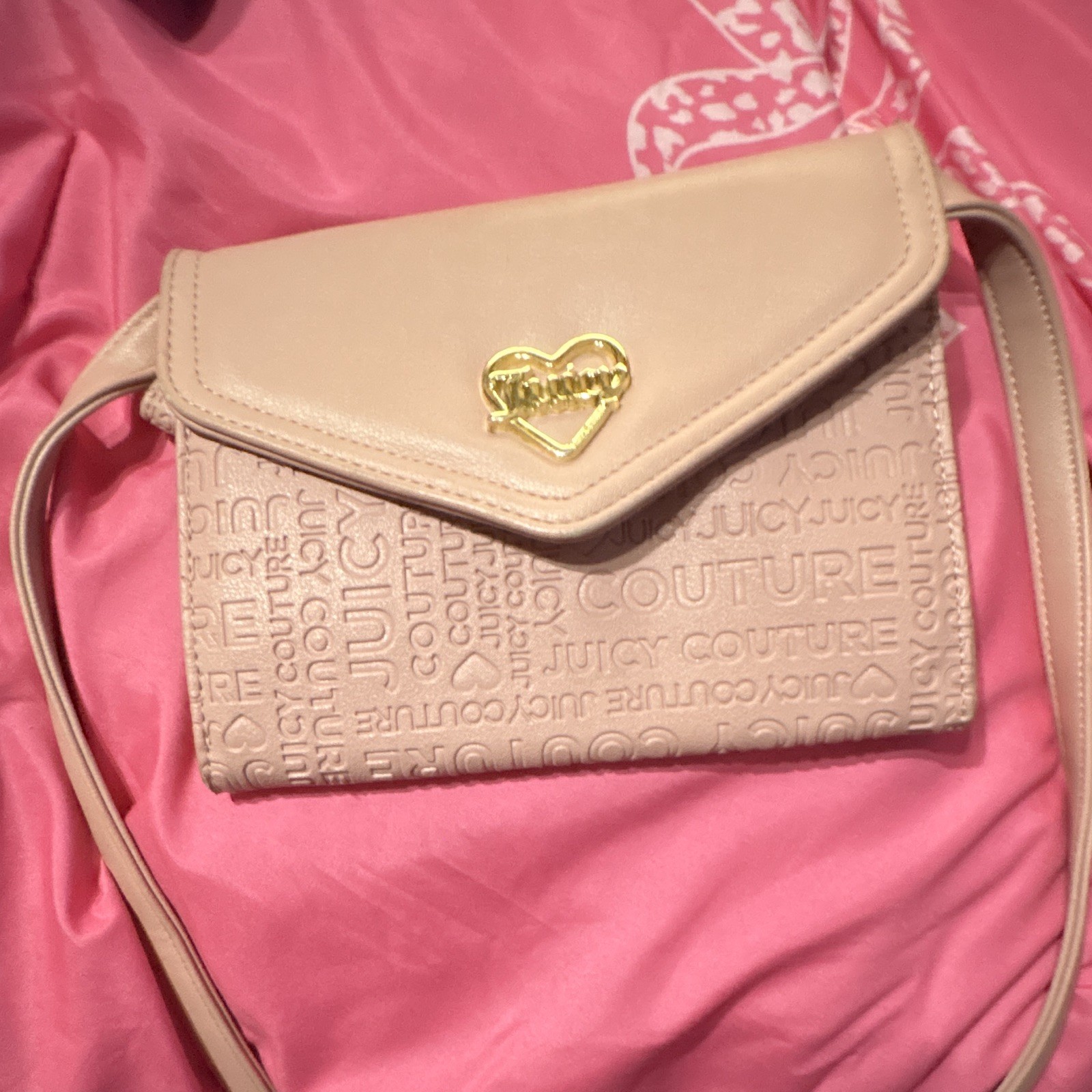 Juicy Couture Pink Logo Crossbody Bag Heart Flap Detachable Strap Snap Zip