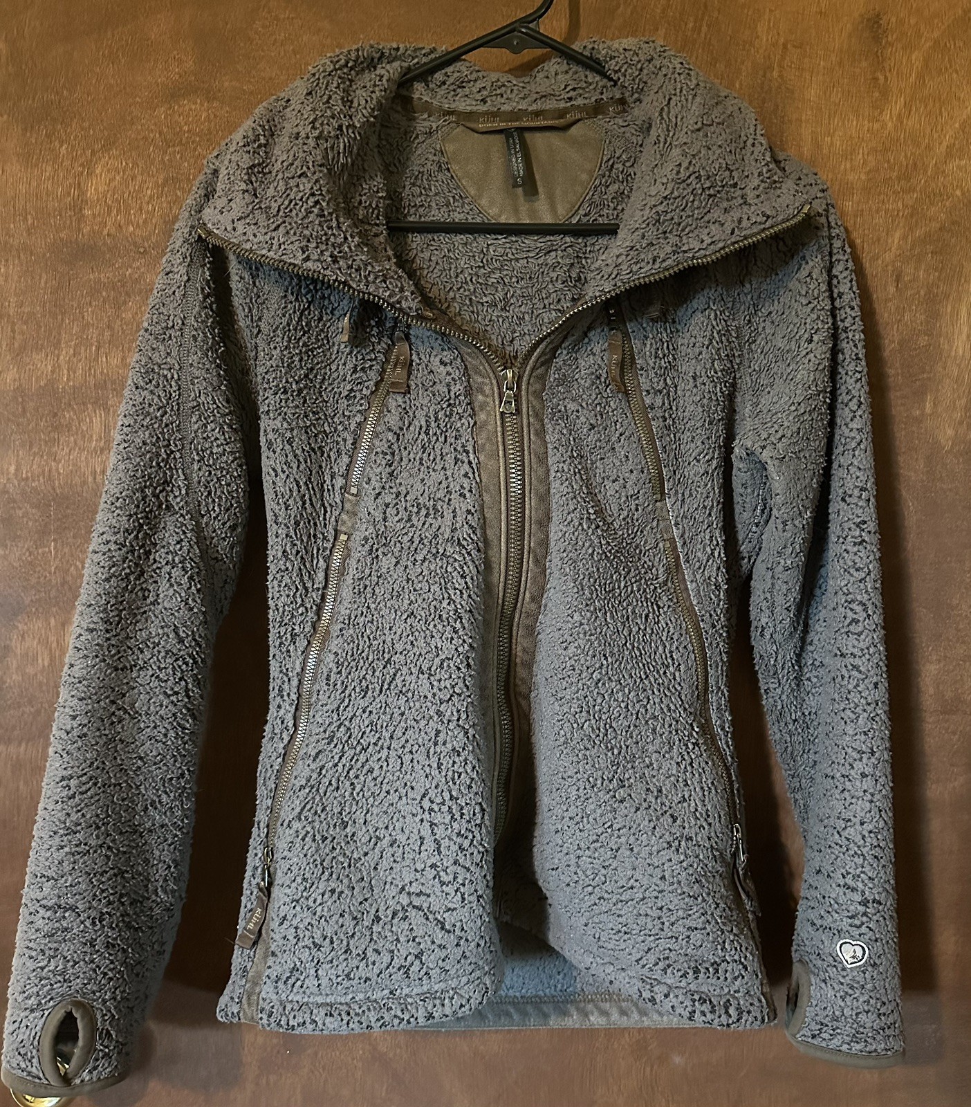 Kuhl Flight Sherpa Fleece Jacket, Size Small, gray/brown, attached hood