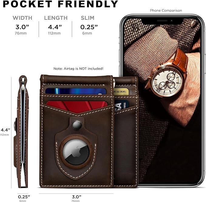 SERMAN BRANDS Rogue AirTag RFID Blocking Leather Money Clip Bifold Wallet Brown