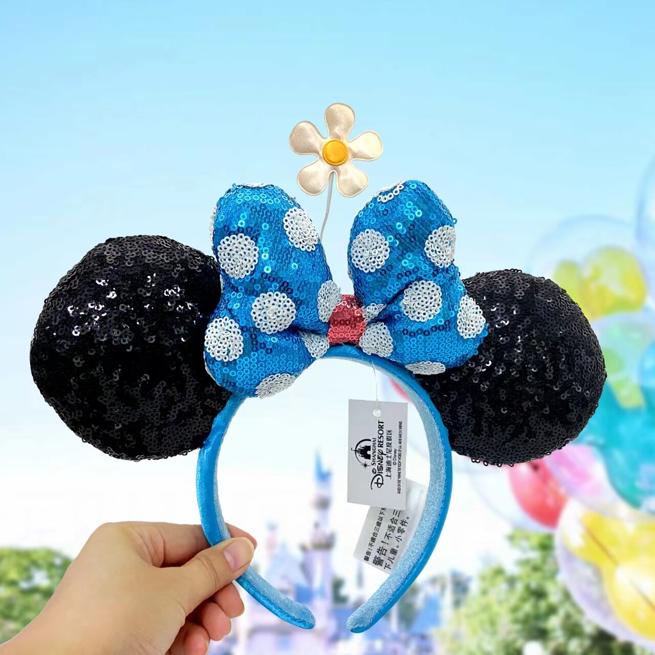 Flower Minnie Ears Hat Disney’s Parks Headband with Blue Bow Sequins Polka Dot