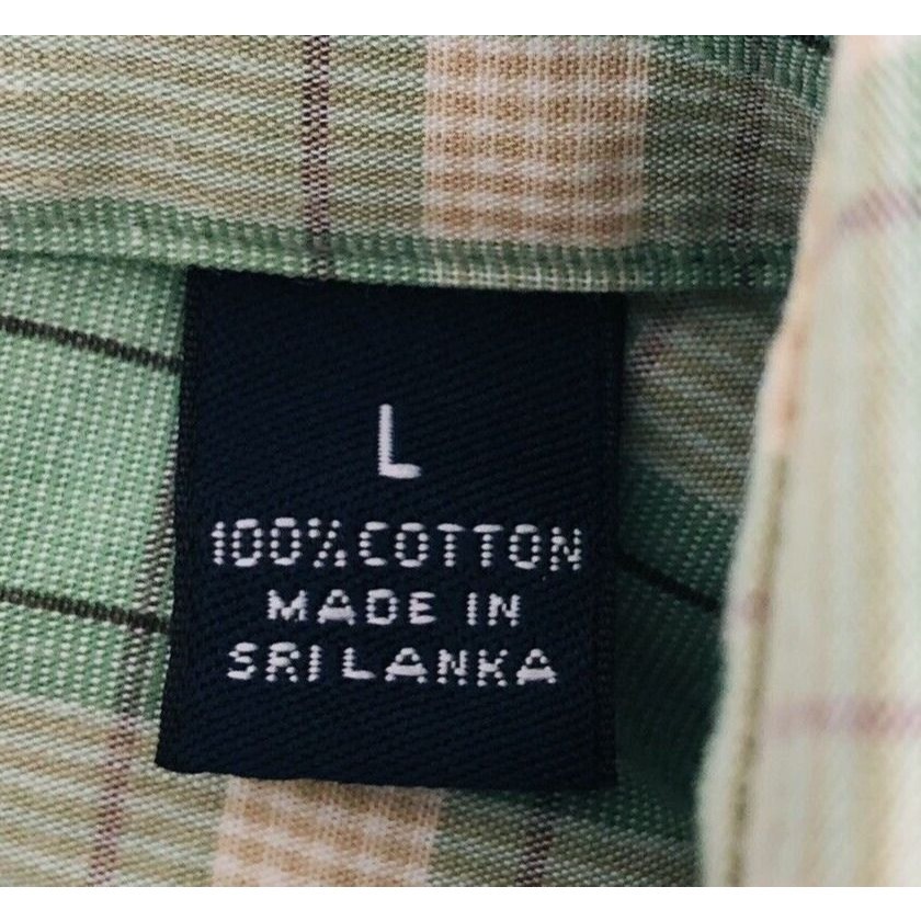 Roundtree & Yorke Men’s Shirt L Large Button Down Green Beige White Plaid Cotton