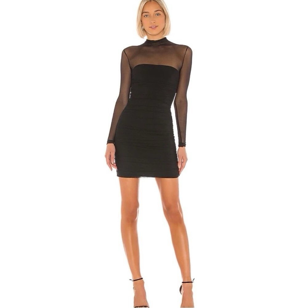 Nookie Poison Black Mesh Mock Neck Ruched Sheer Stretch Mini Dress Size M