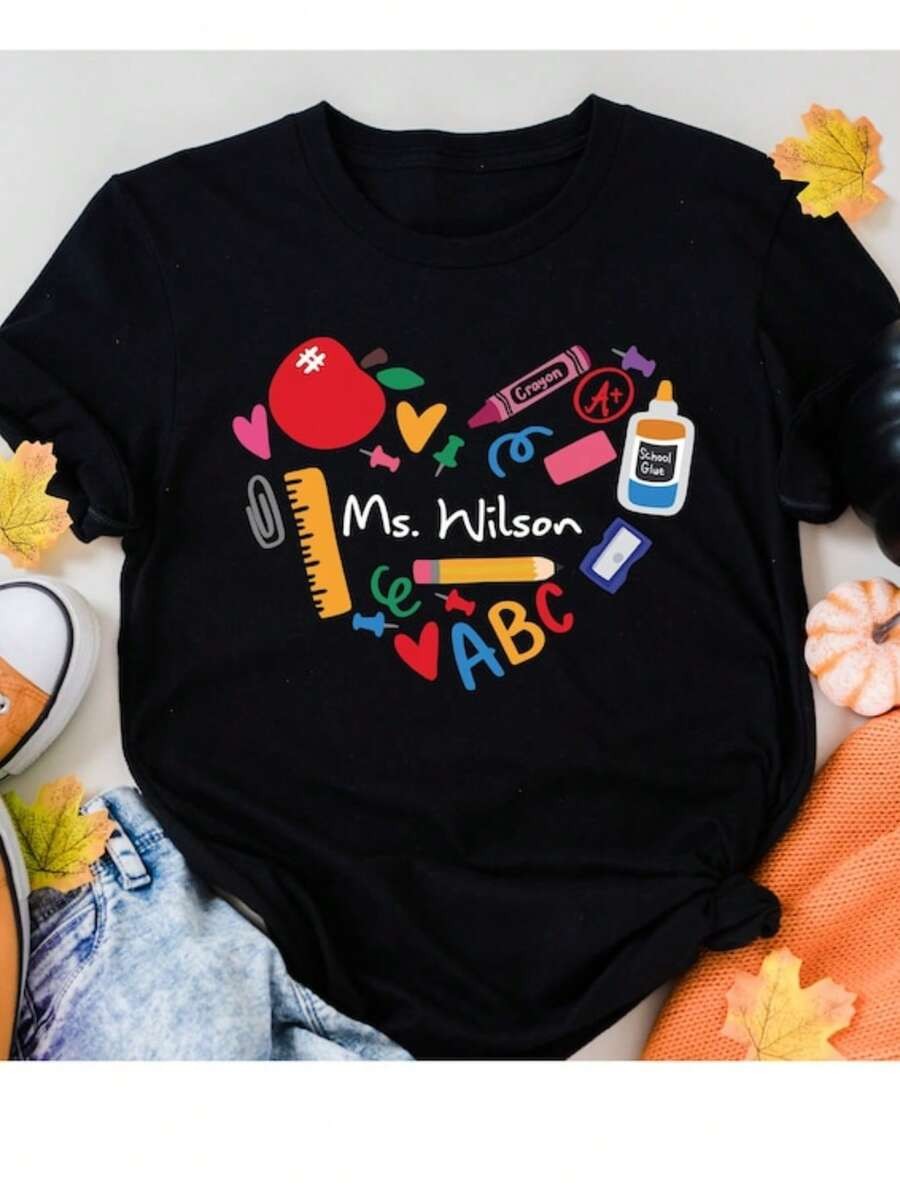 Custom Teacher Name & Heart Tee School Staff Shirt Team Gift Cotton