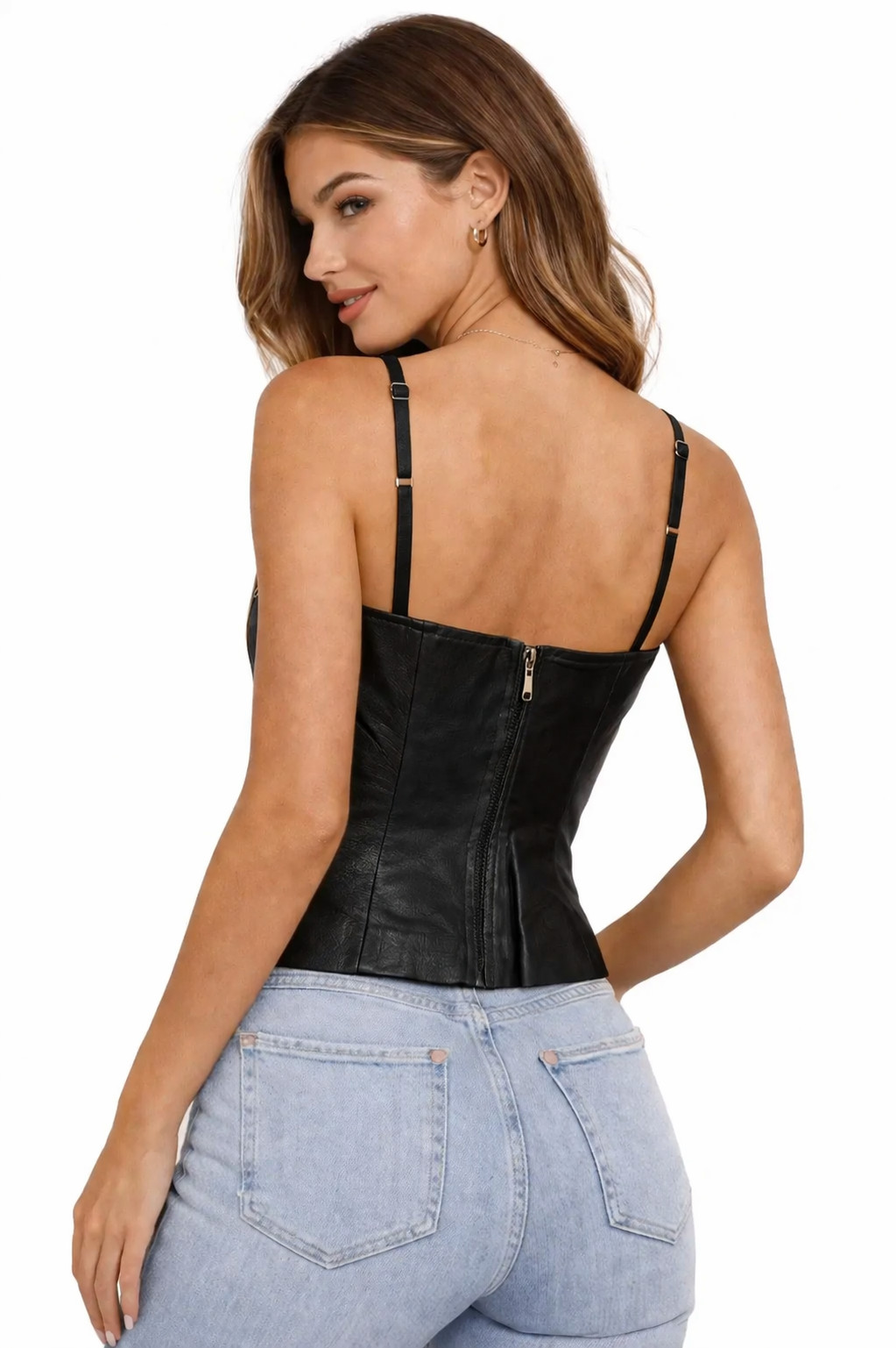 Women’s Genuine Lambskin Black Leather Halter Top — Fitted, Soft & Elegant