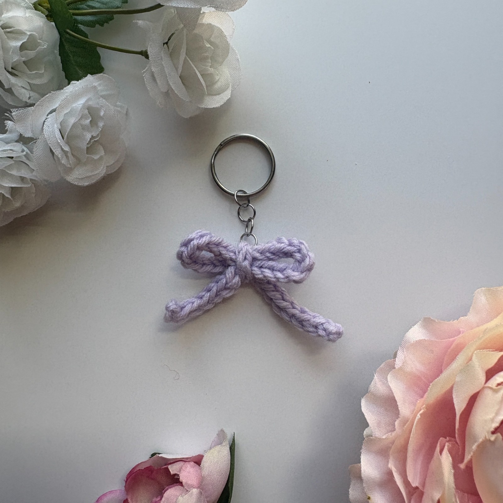 Handmade Crochet Mini Ribbon Bow Keychain 💜 Coquette Lilac Keyring Charm