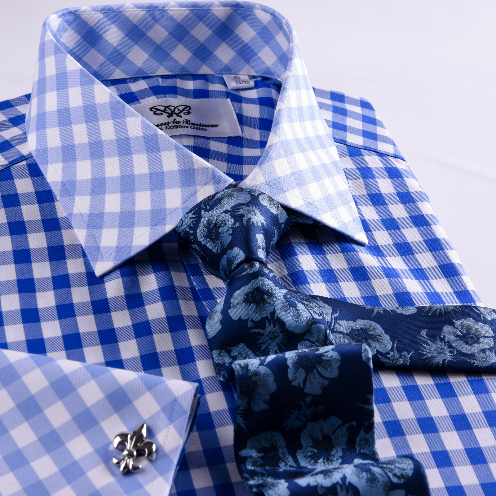Blue Check Designed Business Shirt Easy Iron Wrinkle Free Contrast Collar & Cuff