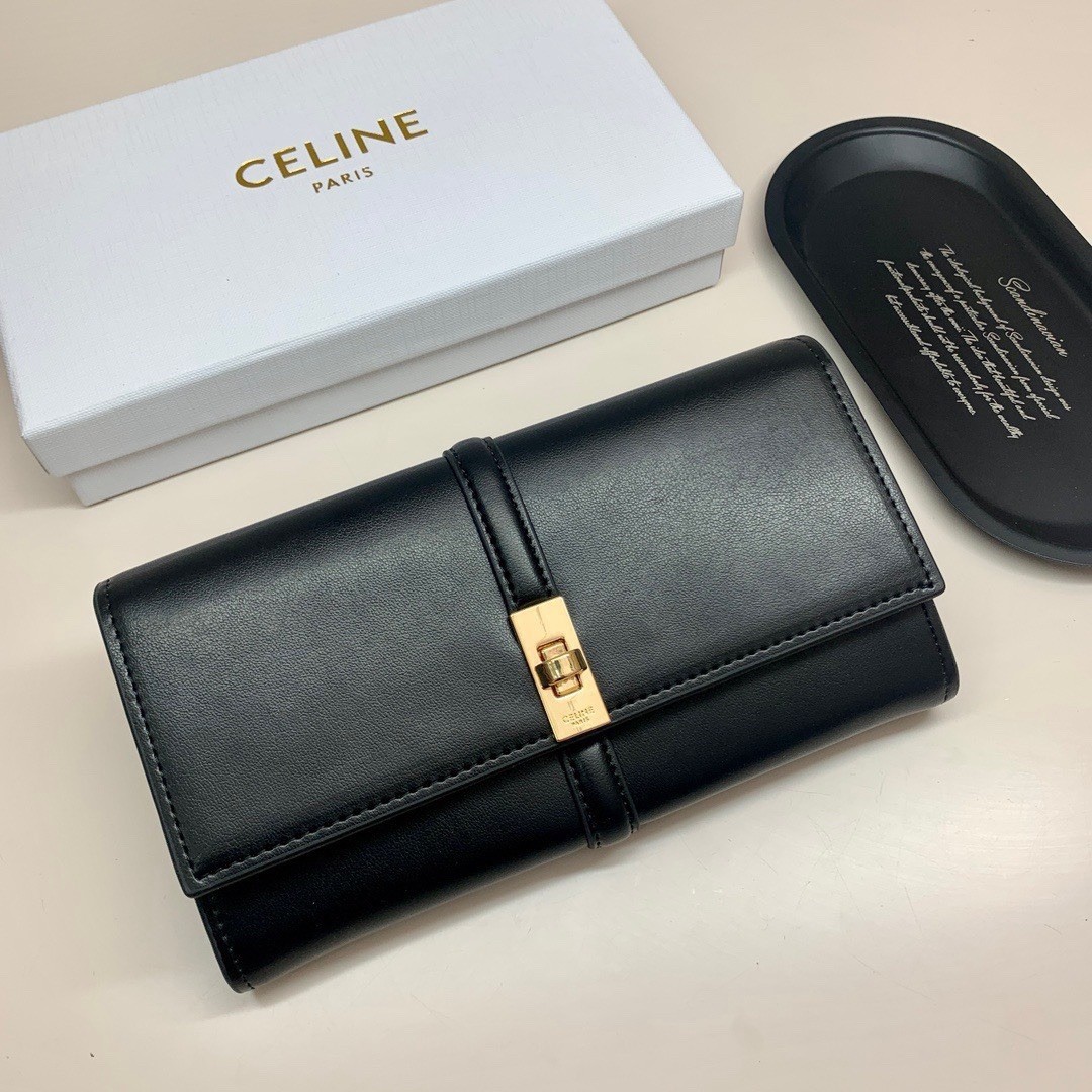 CELINE Black Solid Wallet Gold Logo Clasp Zipper Poker Credit Card Holder