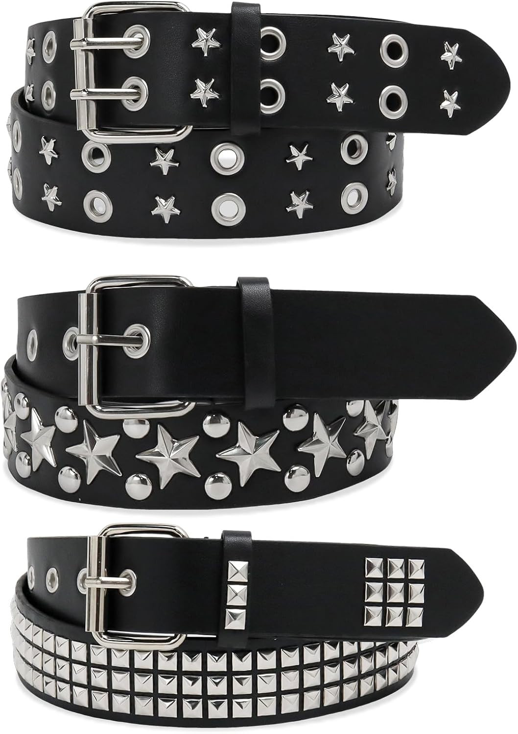 3 Pcs Black Studded Belt Y2K Belt Star Gothic Punk Rock Belts with Grommet Threa
