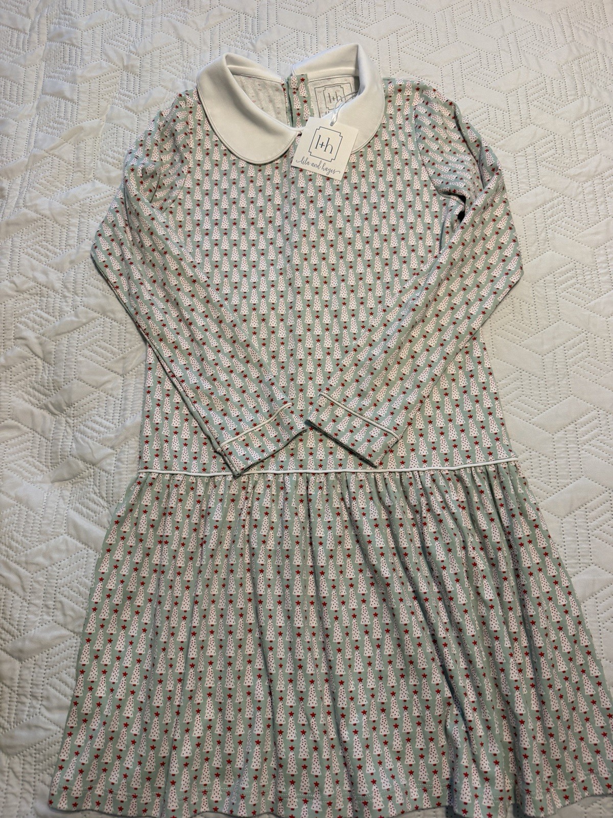 Lila and Hayes Girls Size 10 Green Christmas Trees Long Sleeve Peter Pan Dress