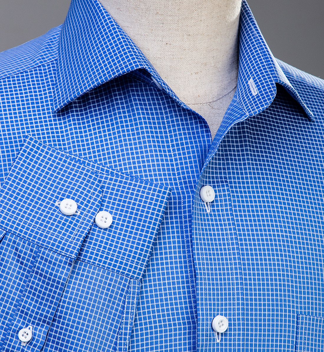 Blue Checkered Dress Shirt Luxury Business Button Cuff Soft Easy Iron Fabric