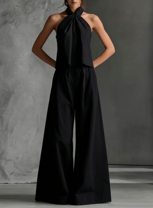Women Sleeveless Halter Crop Top High Waist Wide Leg Pants 2 Piece Outfit Set