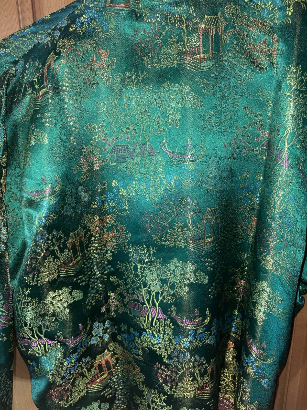 Women’s Green Satin Floral Kimono Robe V-Neck 3/4 Sleeve Tie Belt XL