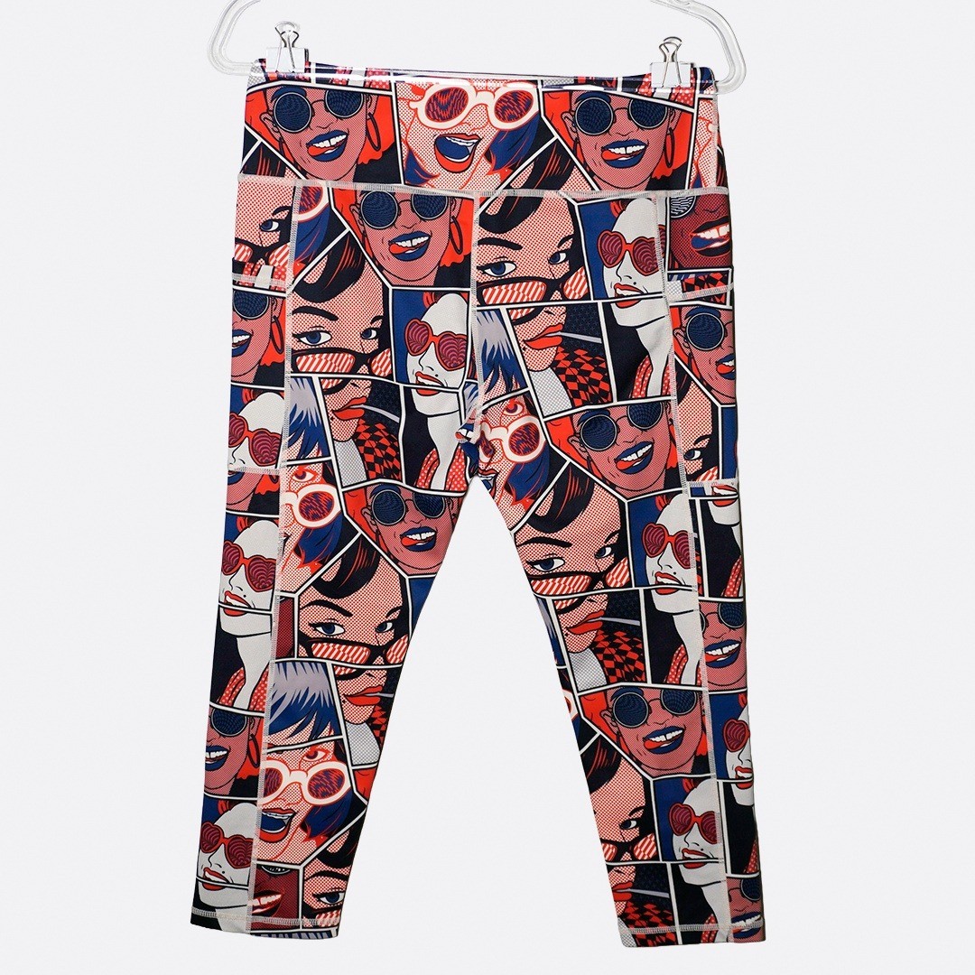 Pop Art Comic Print High Waist Capri Leggings Bold Graphic Retro Streetwear 0X L