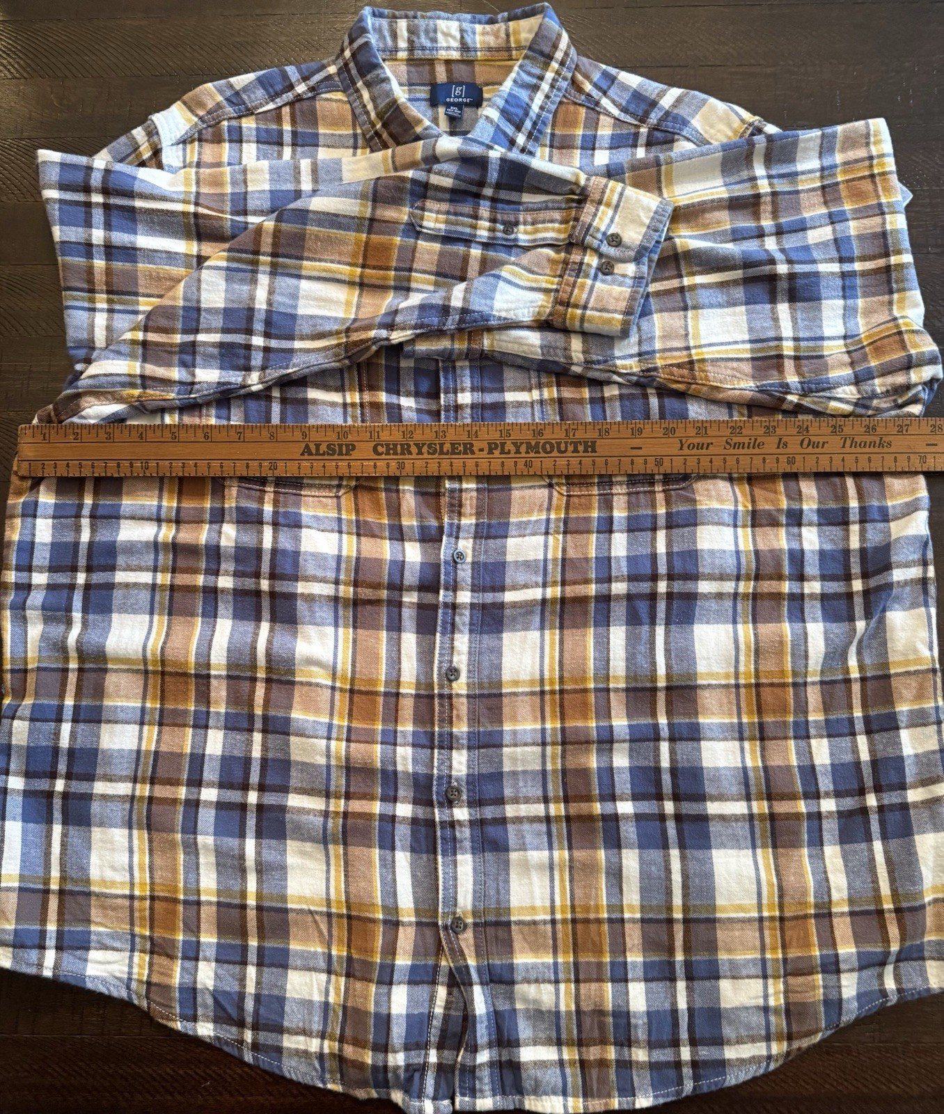 George Men’s Blue Brown Beige White Plaid Flannel Button-Down Shirt 3XL