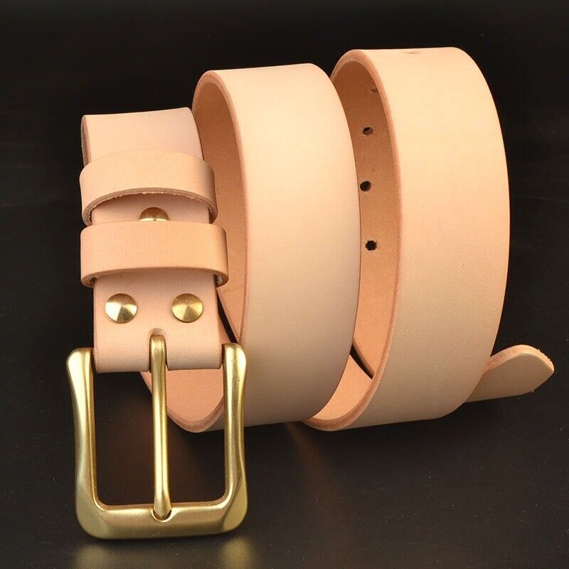 Hand Craft Custom Made Vegetable Tanned Leather Cowhide Belt Brass Buckle 38mm